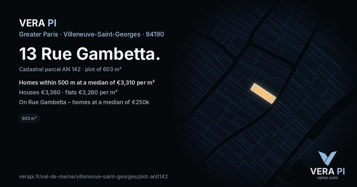 13 Rue Gambetta, Villeneuve-Saint-Georges at night – the plot lit, the parcels around coloured by the prices near them