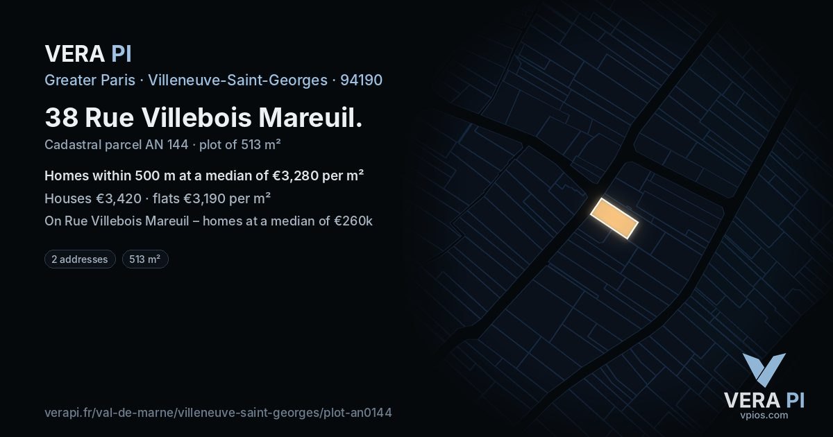 38 Rue Villebois Mareuil, Villeneuve-Saint-Georges at night – the plot lit, the parcels around coloured by the prices near them