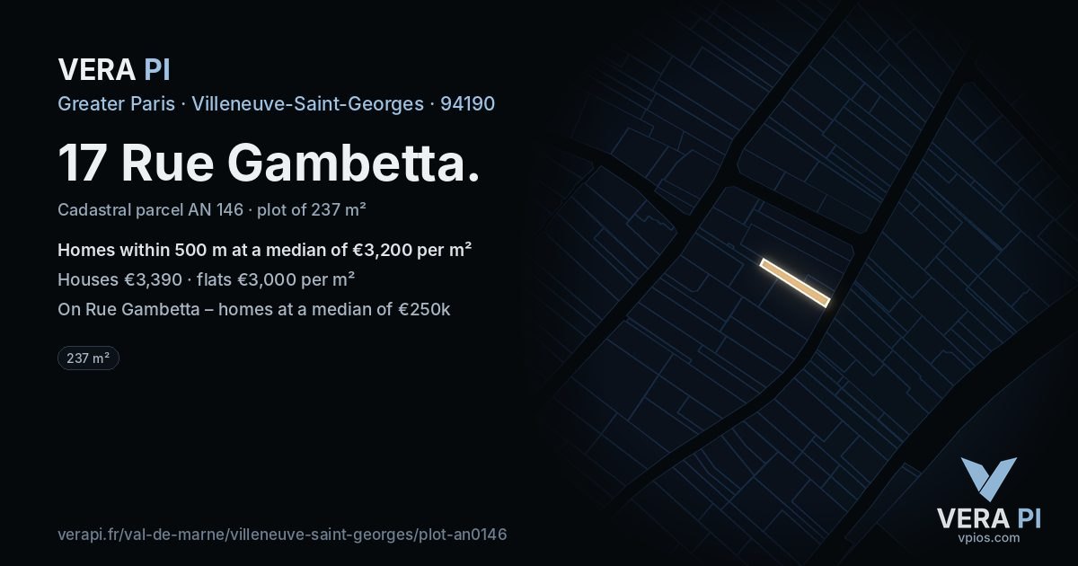 17 Rue Gambetta, Villeneuve-Saint-Georges at night – the plot lit, the parcels around coloured by the prices near them