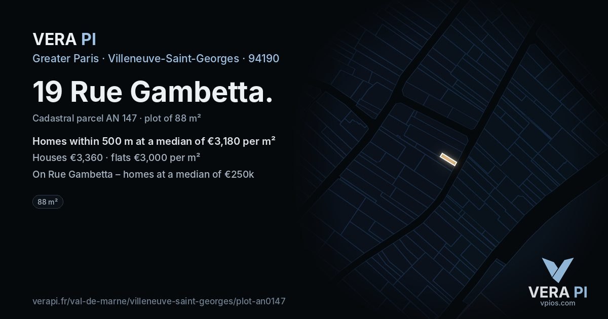 19 Rue Gambetta, Villeneuve-Saint-Georges at night – the plot lit, the parcels around coloured by the prices near them