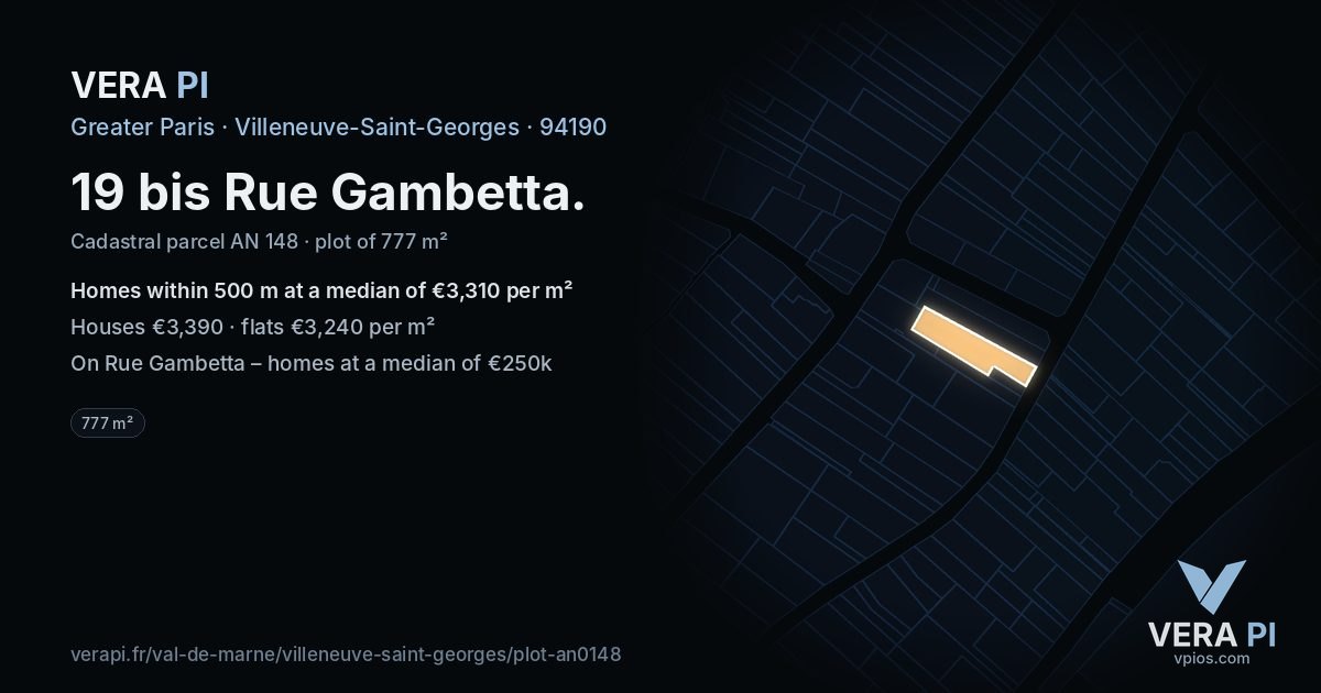19 bis Rue Gambetta, Villeneuve-Saint-Georges at night – the plot lit, the parcels around coloured by the prices near them