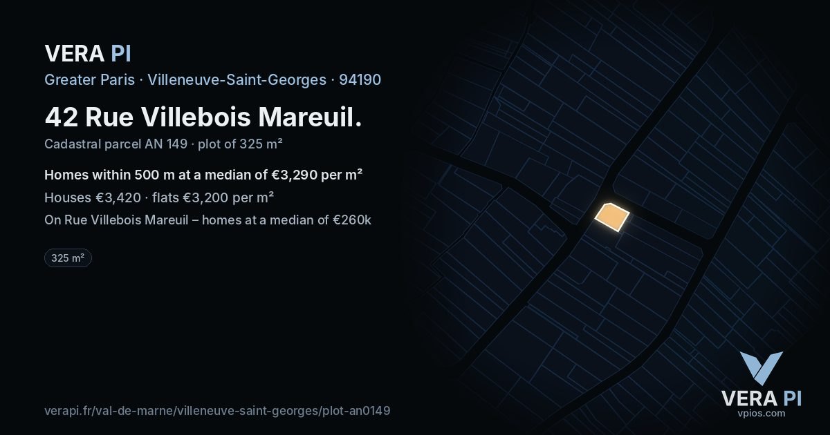 42 Rue Villebois Mareuil, Villeneuve-Saint-Georges at night – the plot lit, the parcels around coloured by the prices near them