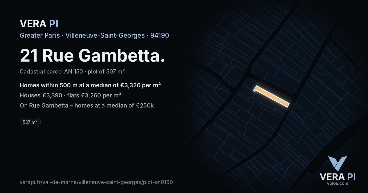 21 Rue Gambetta, Villeneuve-Saint-Georges at night – the plot lit, the parcels around coloured by the prices near them