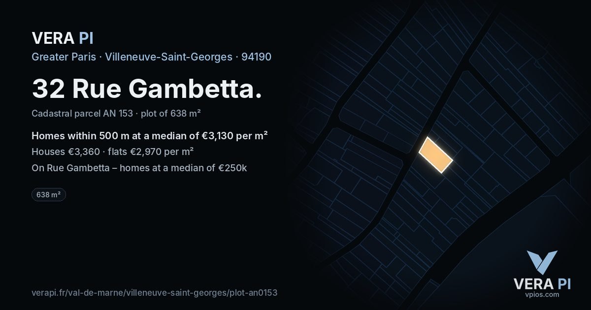32 Rue Gambetta, Villeneuve-Saint-Georges at night – the plot lit, the parcels around coloured by the prices near them