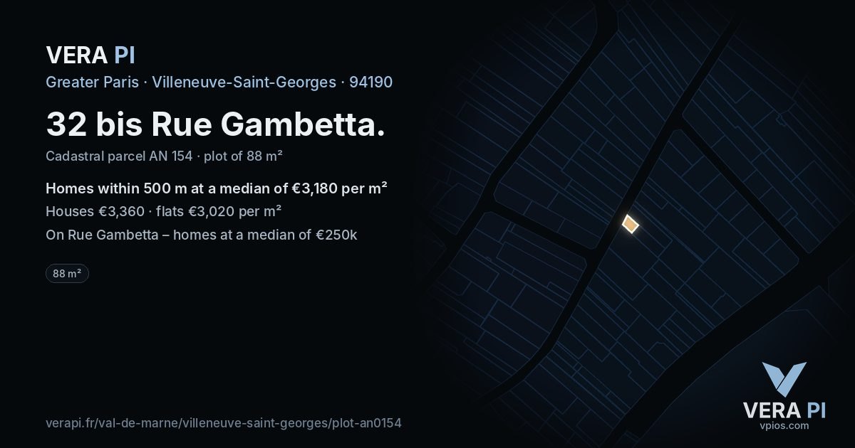 32 bis Rue Gambetta, Villeneuve-Saint-Georges at night – the plot lit, the parcels around coloured by the prices near them