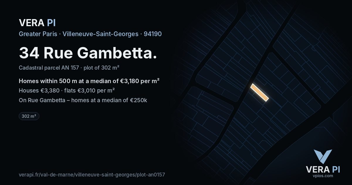 34 Rue Gambetta, Villeneuve-Saint-Georges at night – the plot lit, the parcels around coloured by the prices near them
