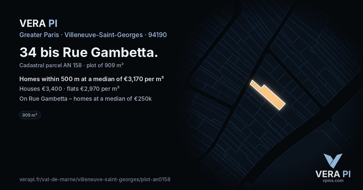 34 bis Rue Gambetta, Villeneuve-Saint-Georges at night – the plot lit, the parcels around coloured by the prices near them