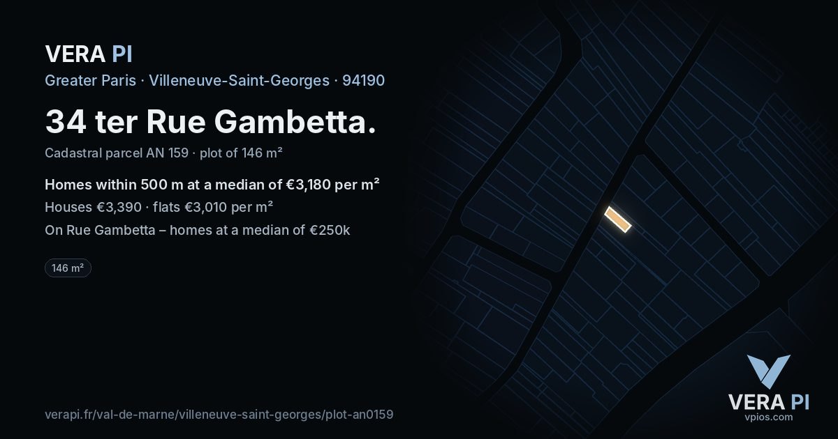 34 ter Rue Gambetta, Villeneuve-Saint-Georges at night – the plot lit, the parcels around coloured by the prices near them