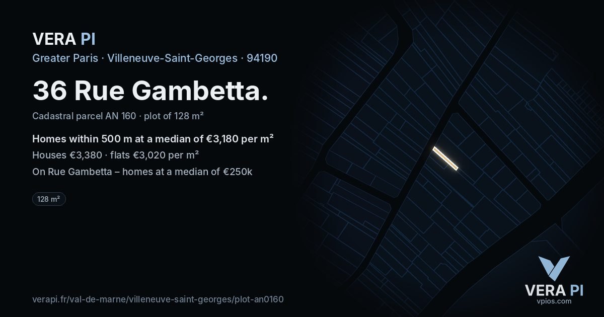 36 Rue Gambetta, Villeneuve-Saint-Georges at night – the plot lit, the parcels around coloured by the prices near them