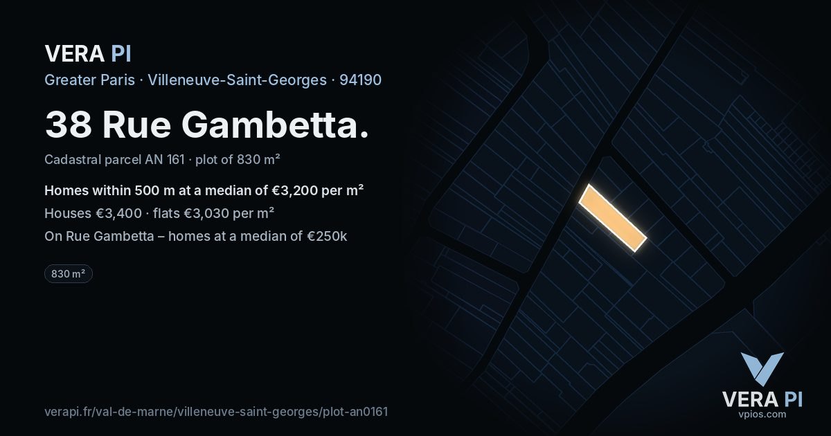 38 Rue Gambetta, Villeneuve-Saint-Georges at night – the plot lit, the parcels around coloured by the prices near them