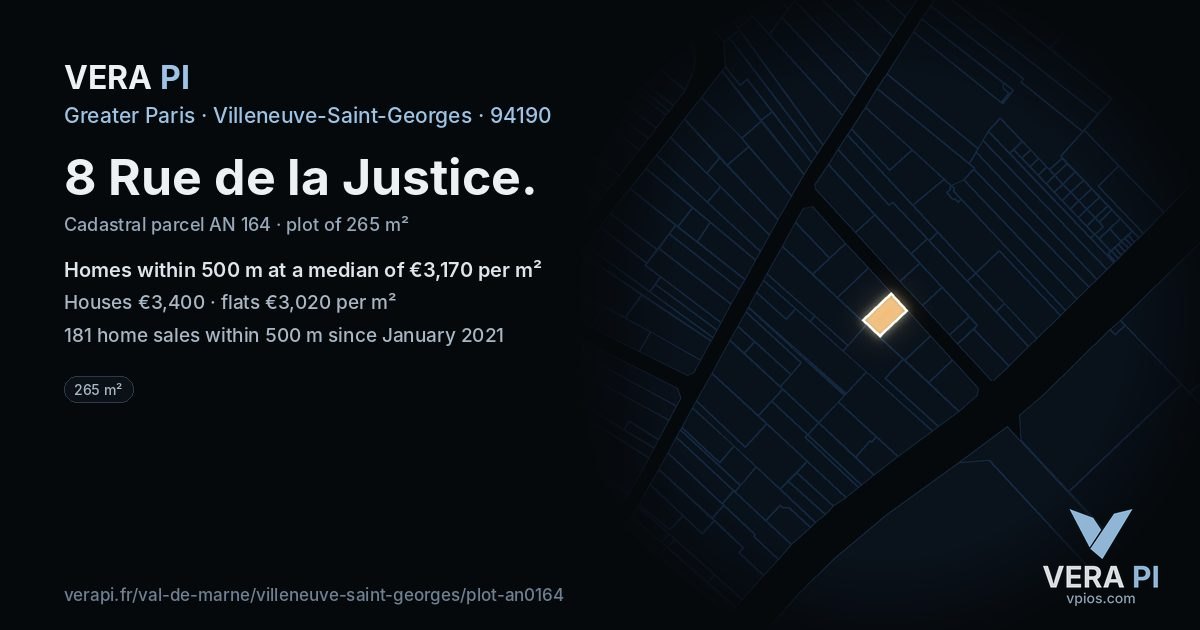 8 Rue de la Justice, Villeneuve-Saint-Georges at night – the plot lit, the parcels around coloured by the prices near them