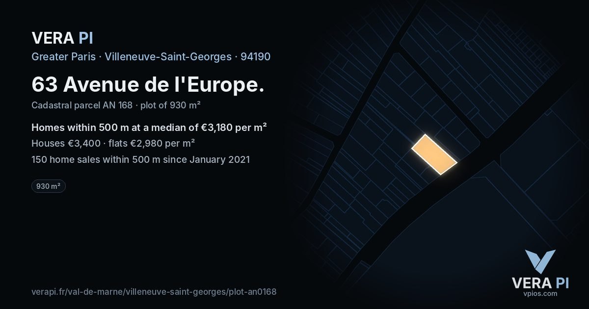 63 Avenue de l'Europe, Villeneuve-Saint-Georges at night – the plot lit, the parcels around coloured by the prices near them