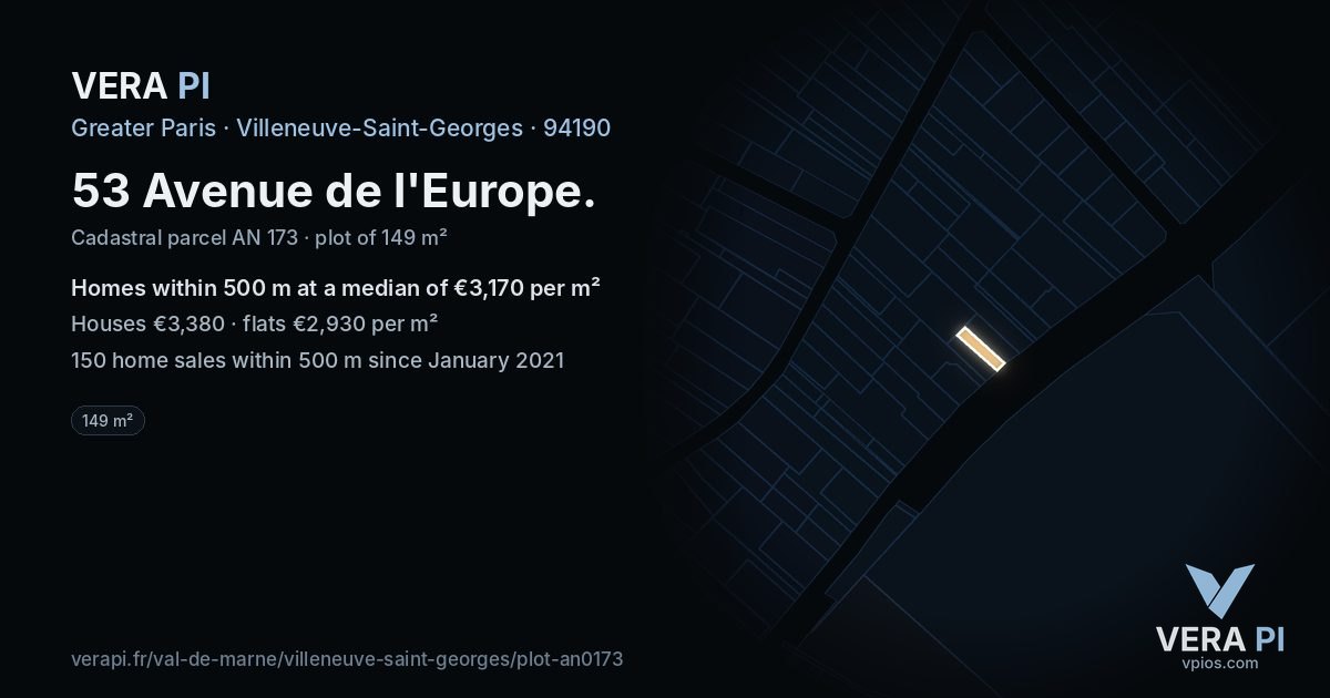 53 Avenue de l'Europe, Villeneuve-Saint-Georges at night – the plot lit, the parcels around coloured by the prices near them