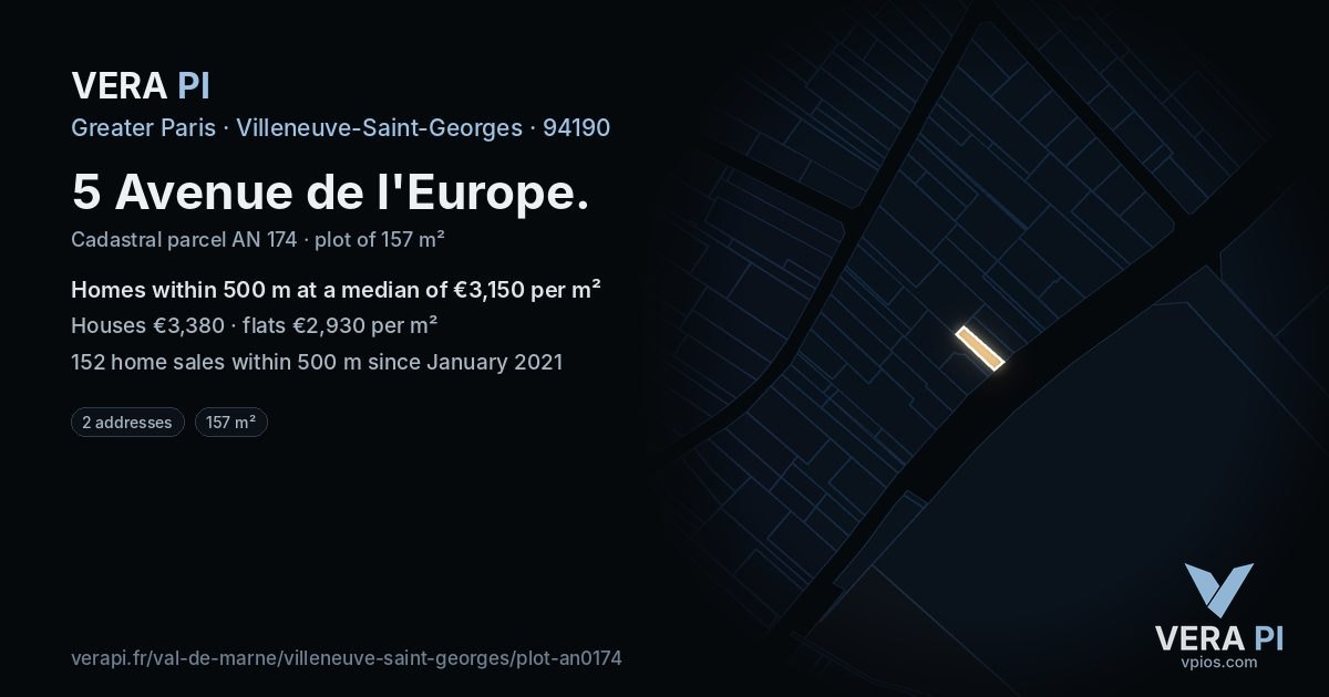 5 Avenue de l'Europe, Villeneuve-Saint-Georges at night – the plot lit, the parcels around coloured by the prices near them