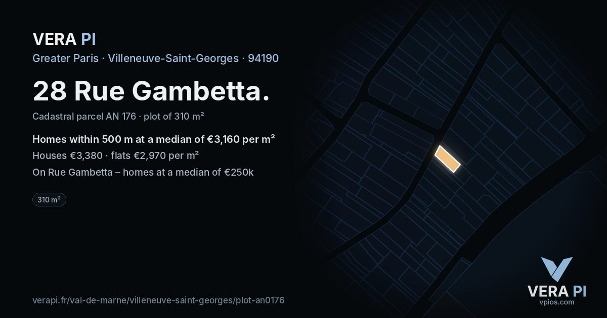 28 Rue Gambetta, Villeneuve-Saint-Georges at night – the plot lit, the parcels around coloured by the prices near them