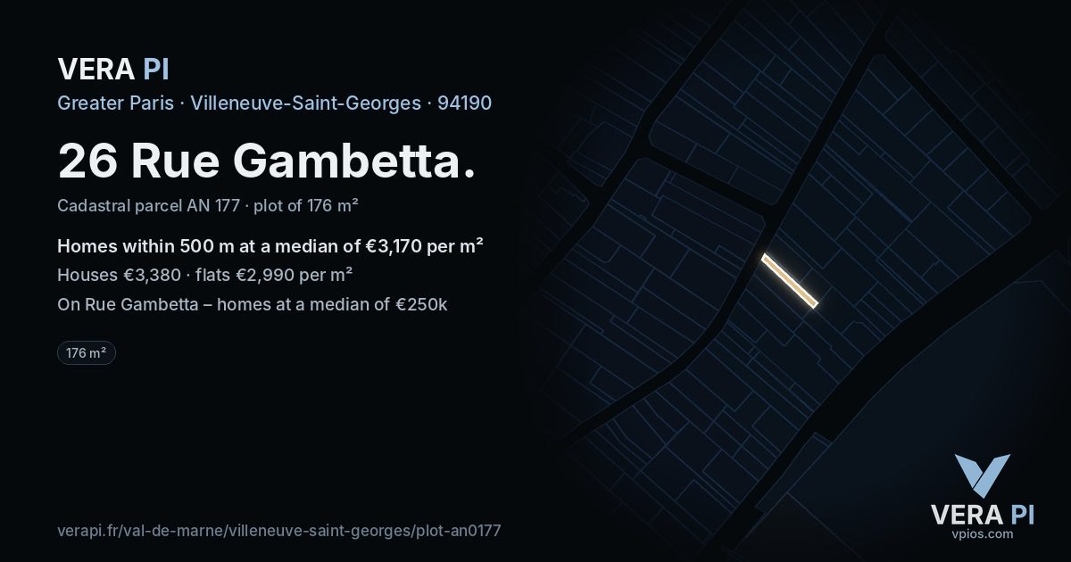 26 Rue Gambetta, Villeneuve-Saint-Georges at night – the plot lit, the parcels around coloured by the prices near them