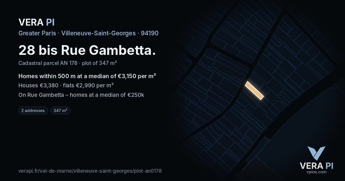 28 bis Rue Gambetta, Villeneuve-Saint-Georges at night – the plot lit, the parcels around coloured by the prices near them