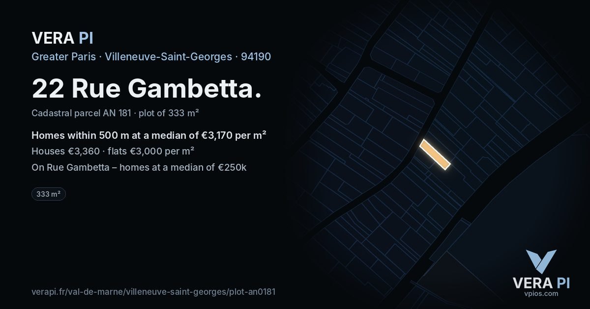 22 Rue Gambetta, Villeneuve-Saint-Georges at night – the plot lit, the parcels around coloured by the prices near them