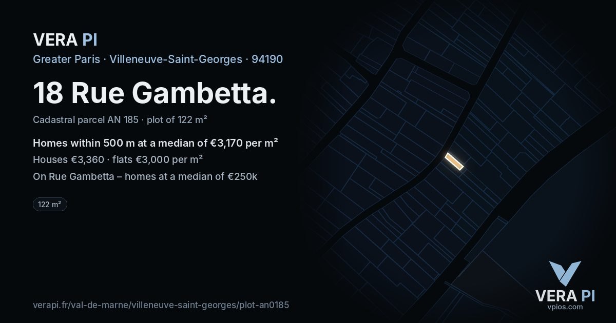 18 Rue Gambetta, Villeneuve-Saint-Georges at night – the plot lit, the parcels around coloured by the prices near them