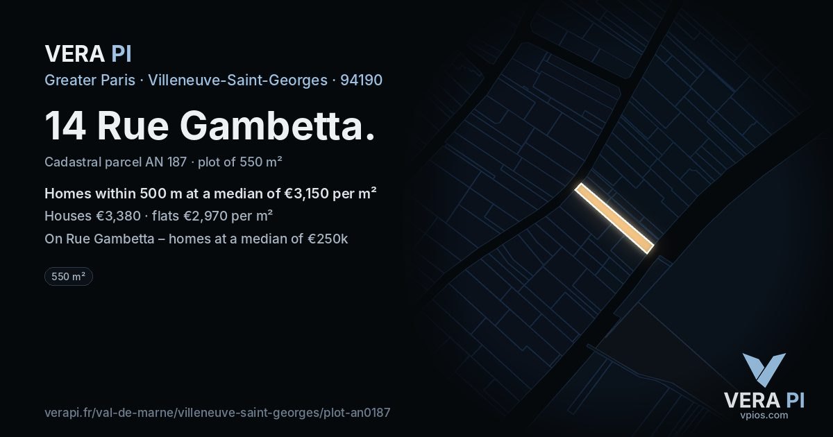14 Rue Gambetta, Villeneuve-Saint-Georges at night – the plot lit, the parcels around coloured by the prices near them
