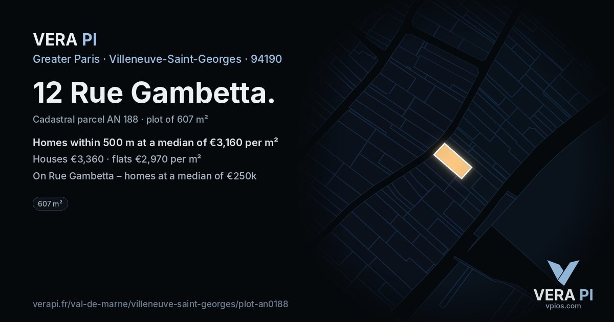 12 Rue Gambetta, Villeneuve-Saint-Georges at night – the plot lit, the parcels around coloured by the prices near them