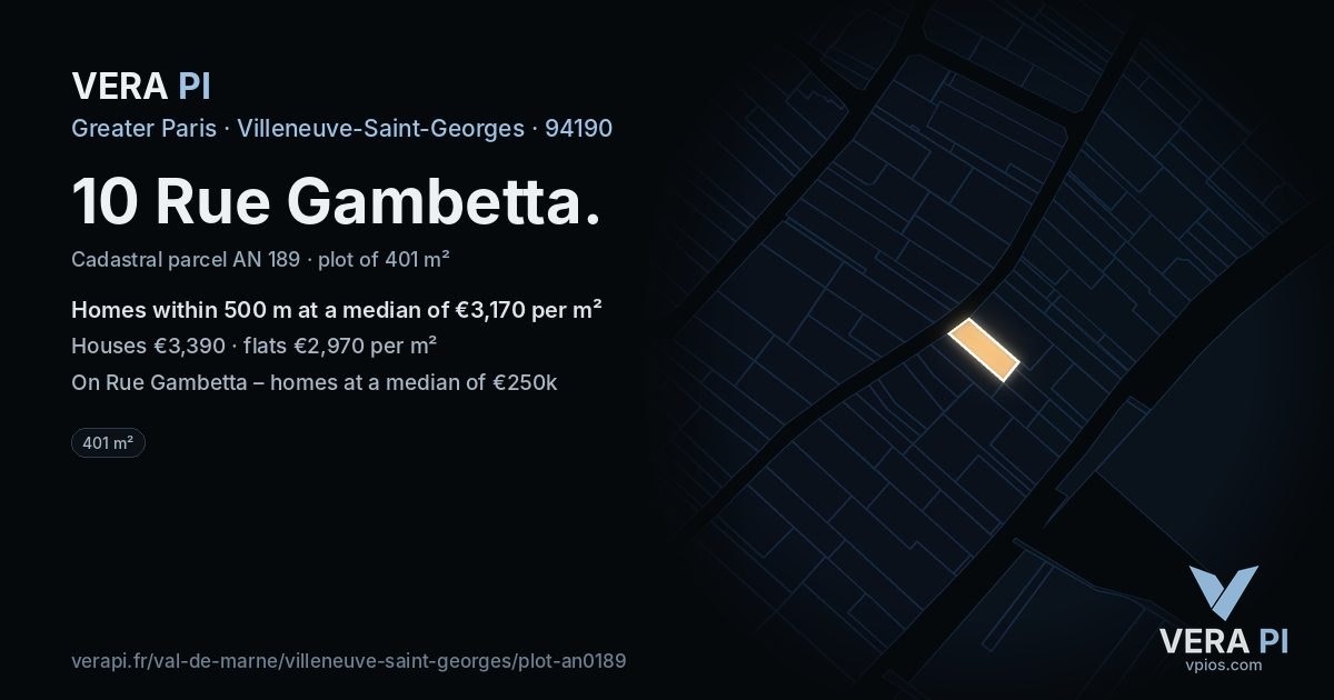 10 Rue Gambetta, Villeneuve-Saint-Georges at night – the plot lit, the parcels around coloured by the prices near them