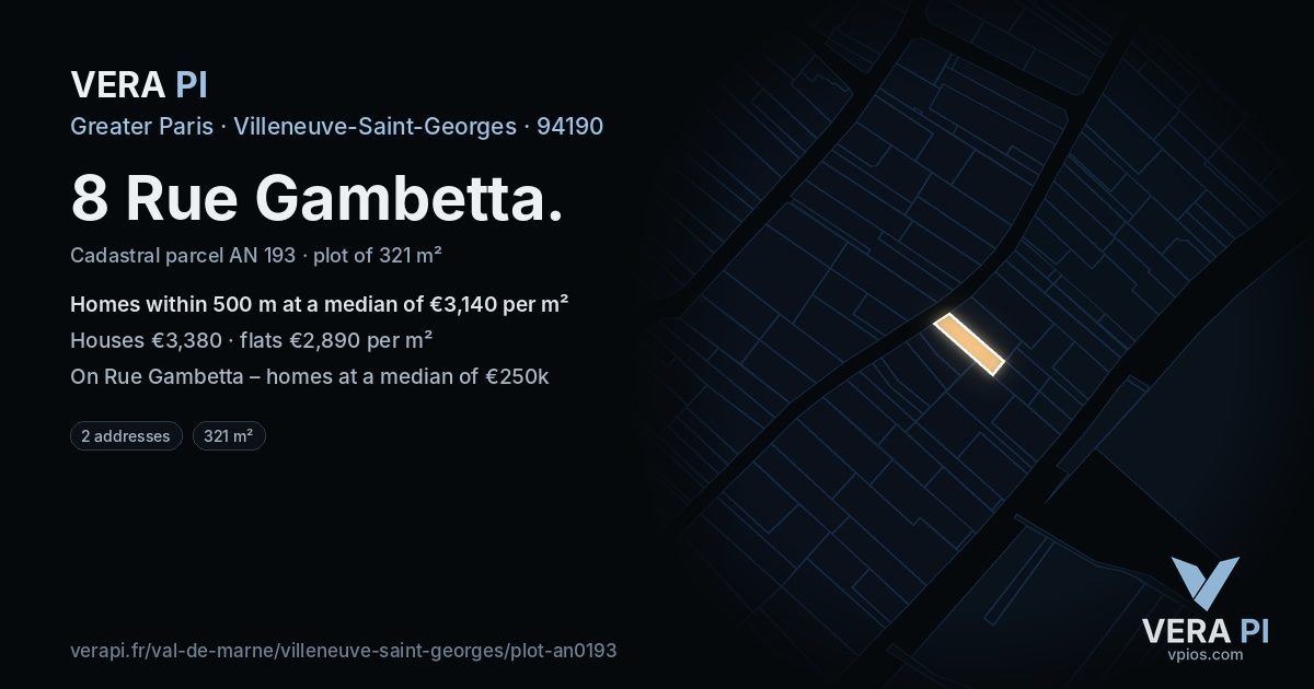 8 Rue Gambetta, Villeneuve-Saint-Georges at night – the plot lit, the parcels around coloured by the prices near them