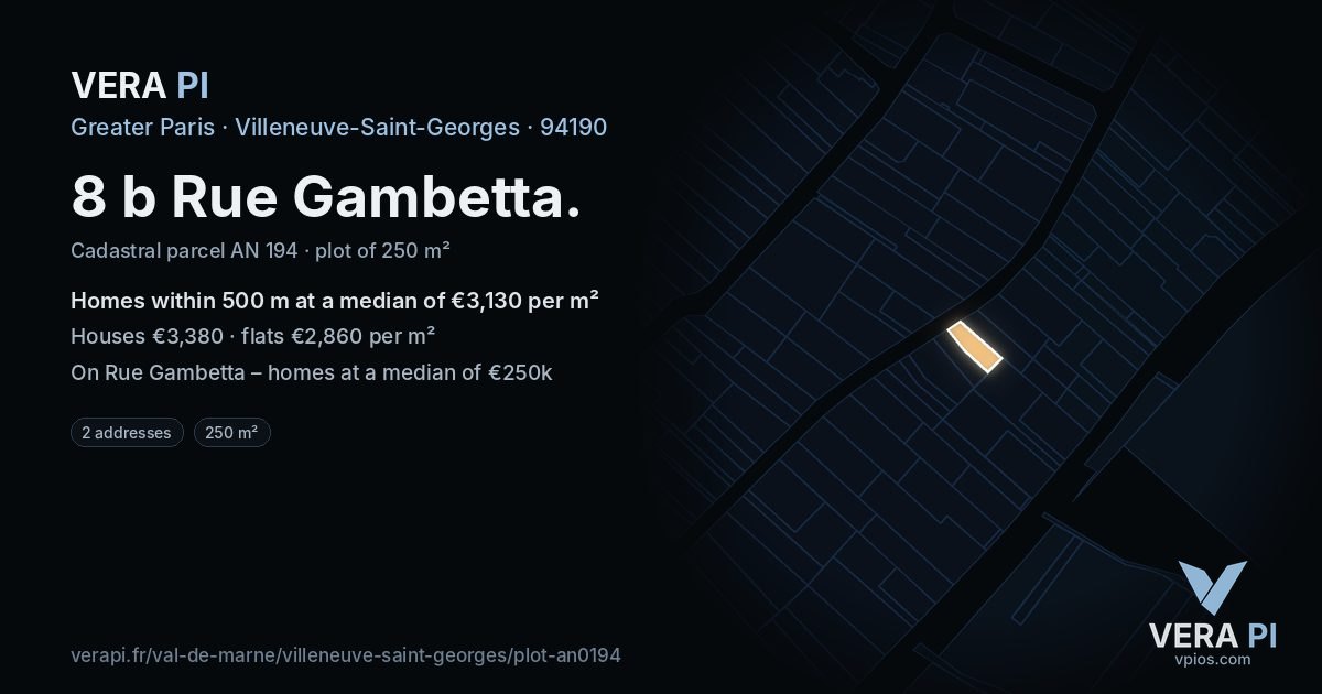 8 b Rue Gambetta, Villeneuve-Saint-Georges at night – the plot lit, the parcels around coloured by the prices near them
