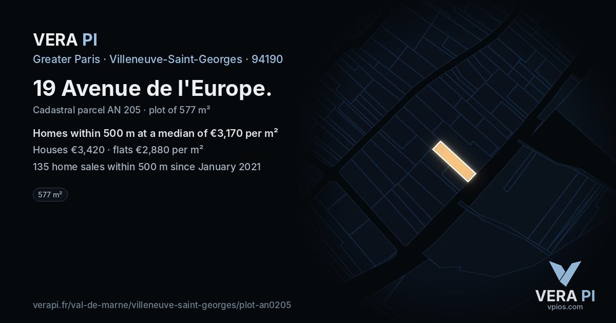 19 Avenue de l'Europe, Villeneuve-Saint-Georges at night – the plot lit, the parcels around coloured by the prices near them