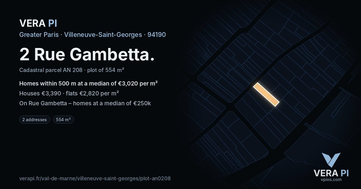 2 Rue Gambetta, Villeneuve-Saint-Georges at night – the plot lit, the parcels around coloured by the prices near them