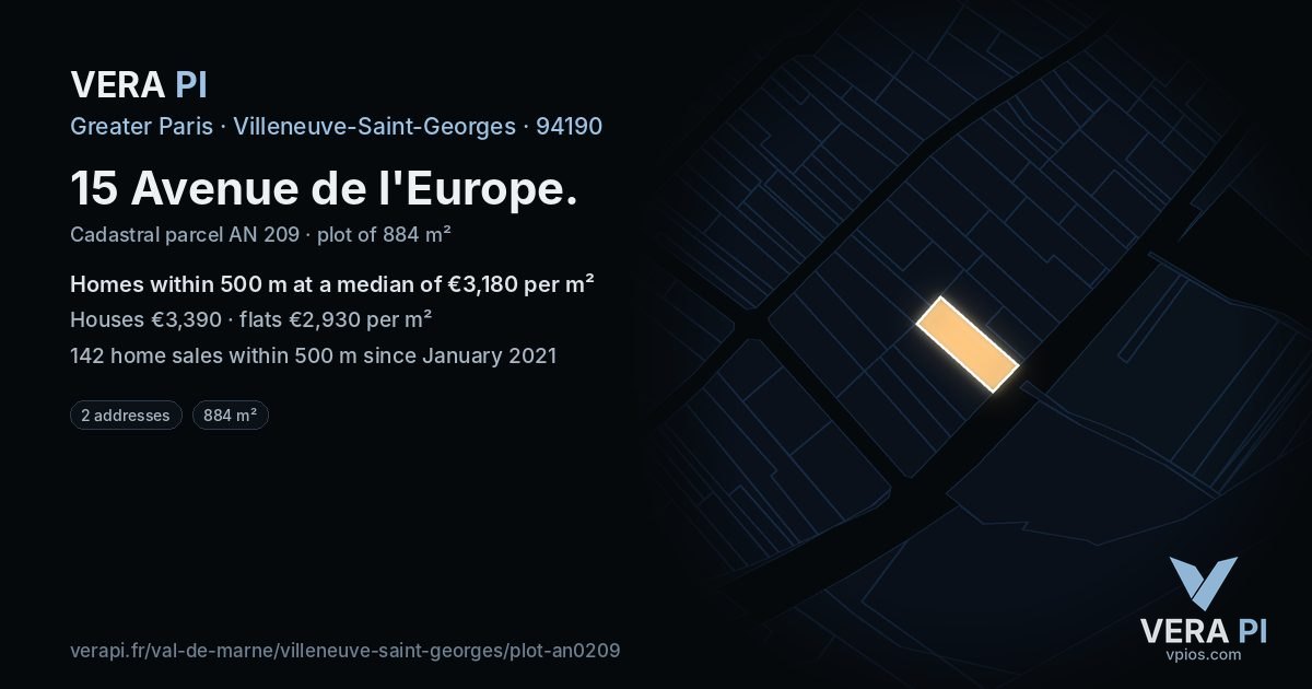 15 Avenue de l'Europe, Villeneuve-Saint-Georges at night – the plot lit, the parcels around coloured by the prices near them