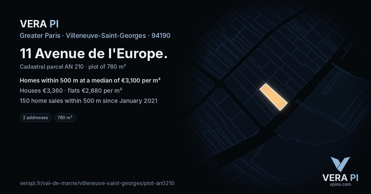 11 Avenue de l'Europe, Villeneuve-Saint-Georges at night – the plot lit, the parcels around coloured by the prices near them