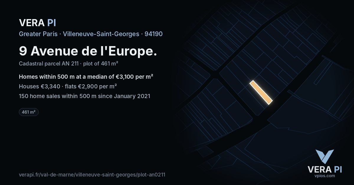 9 Avenue de l'Europe, Villeneuve-Saint-Georges at night – the plot lit, the parcels around coloured by the prices near them