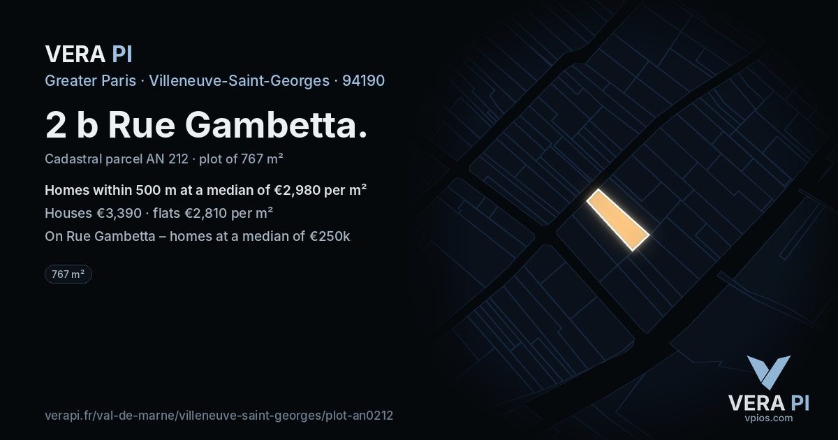 2 b Rue Gambetta, Villeneuve-Saint-Georges at night – the plot lit, the parcels around coloured by the prices near them