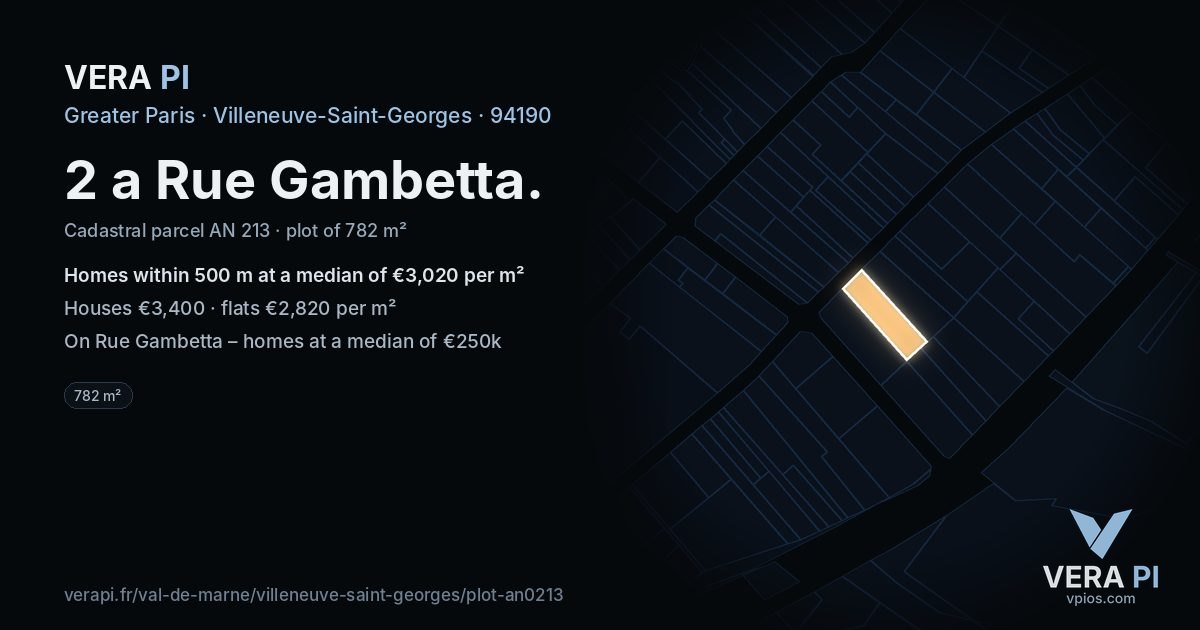 2 a Rue Gambetta, Villeneuve-Saint-Georges at night – the plot lit, the parcels around coloured by the prices near them