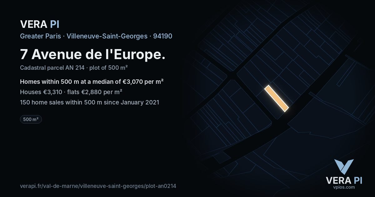 7 Avenue de l'Europe, Villeneuve-Saint-Georges at night – the plot lit, the parcels around coloured by the prices near them
