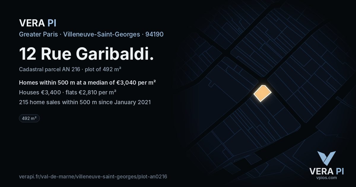 12 Rue Garibaldi, Villeneuve-Saint-Georges at night – the plot lit, the parcels around coloured by the prices near them