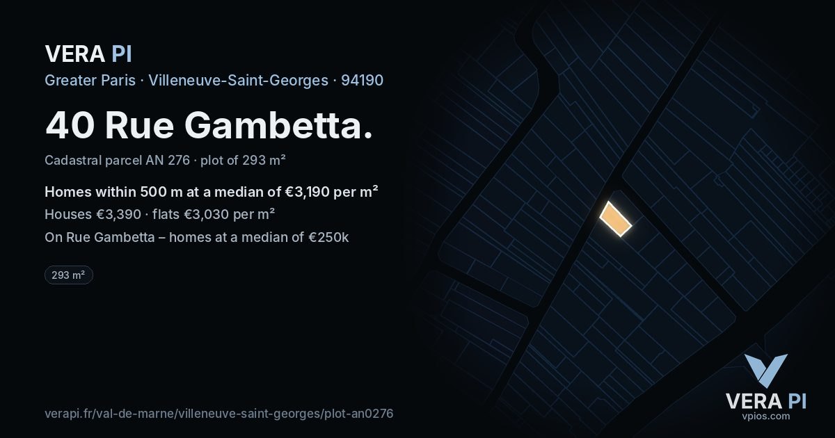 40 Rue Gambetta, Villeneuve-Saint-Georges at night – the plot lit, the parcels around coloured by the prices near them