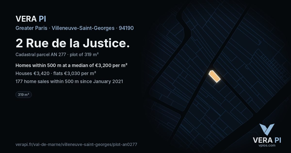 2 Rue de la Justice, Villeneuve-Saint-Georges at night – the plot lit, the parcels around coloured by the prices near them