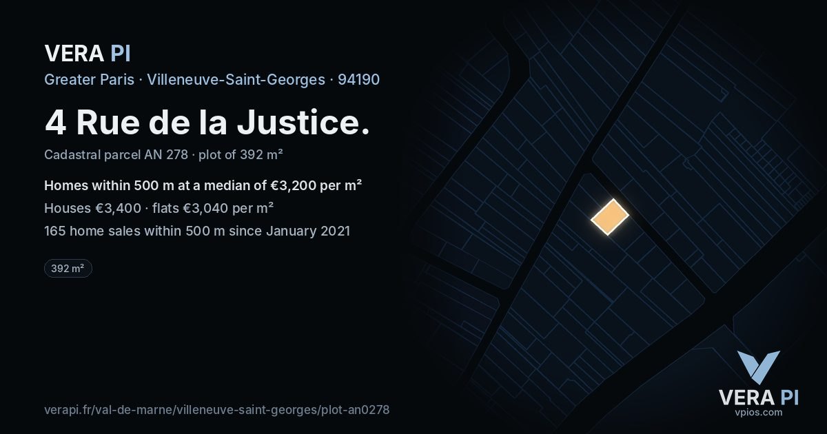 4 Rue de la Justice, Villeneuve-Saint-Georges at night – the plot lit, the parcels around coloured by the prices near them