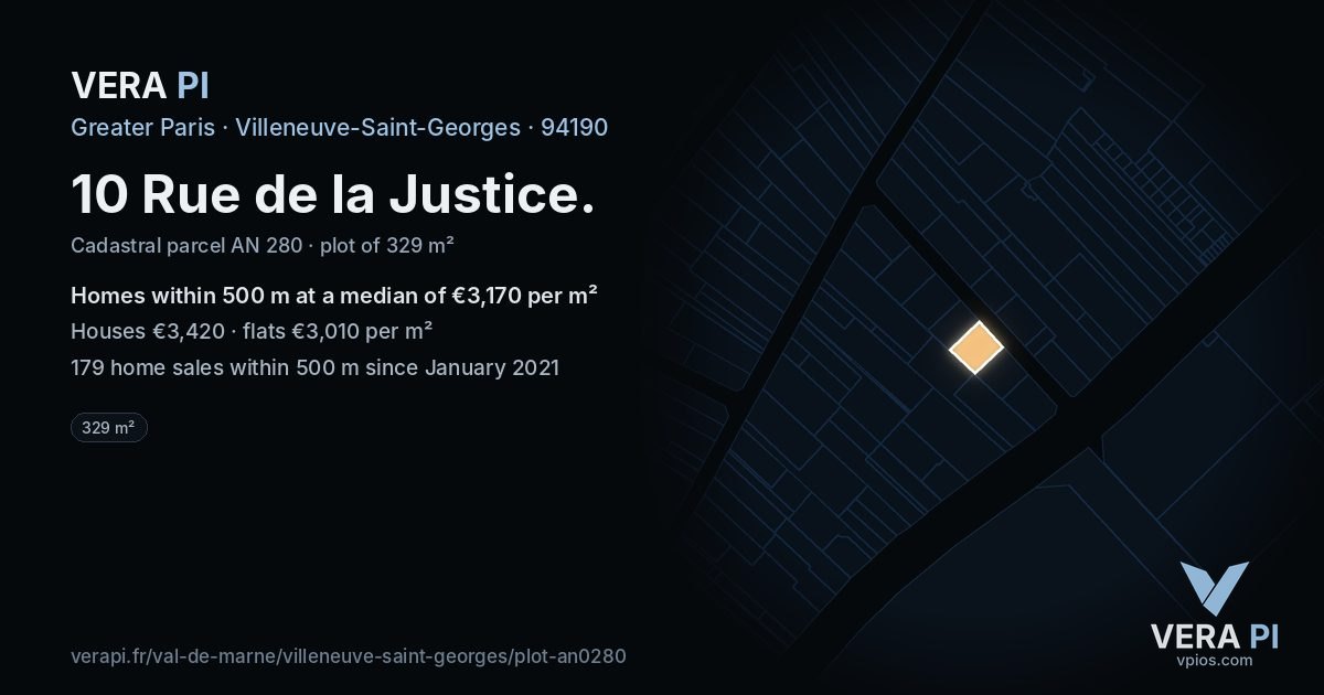 10 Rue de la Justice, Villeneuve-Saint-Georges at night – the plot lit, the parcels around coloured by the prices near them