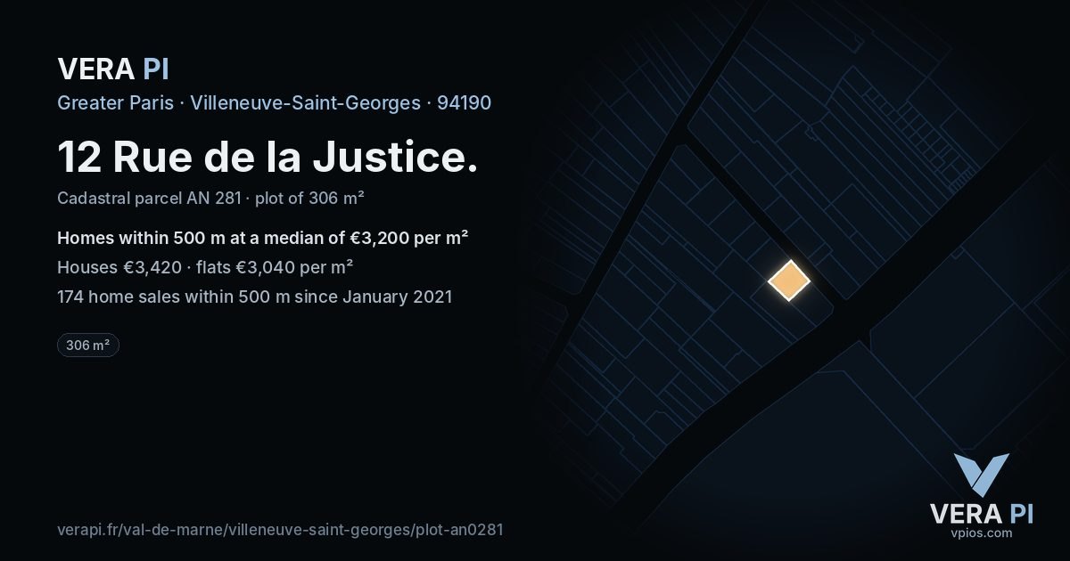 12 Rue de la Justice, Villeneuve-Saint-Georges at night – the plot lit, the parcels around coloured by the prices near them
