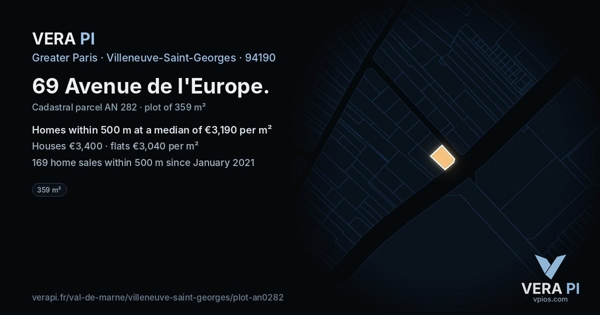 69 Avenue de l'Europe, Villeneuve-Saint-Georges at night – the plot lit, the parcels around coloured by the prices near them