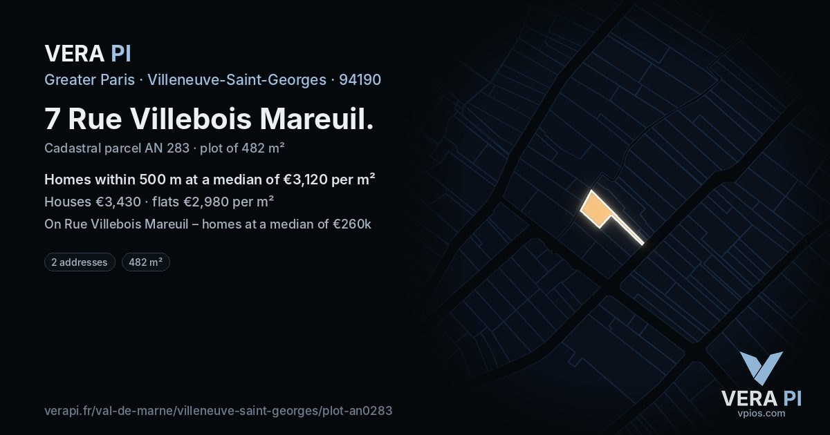 7 Rue Villebois Mareuil, Villeneuve-Saint-Georges at night – the plot lit, the parcels around coloured by the prices near them