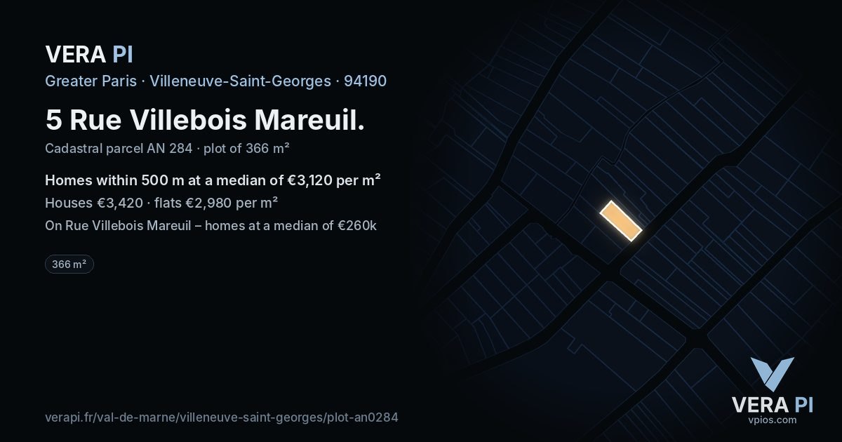 5 Rue Villebois Mareuil, Villeneuve-Saint-Georges at night – the plot lit, the parcels around coloured by the prices near them