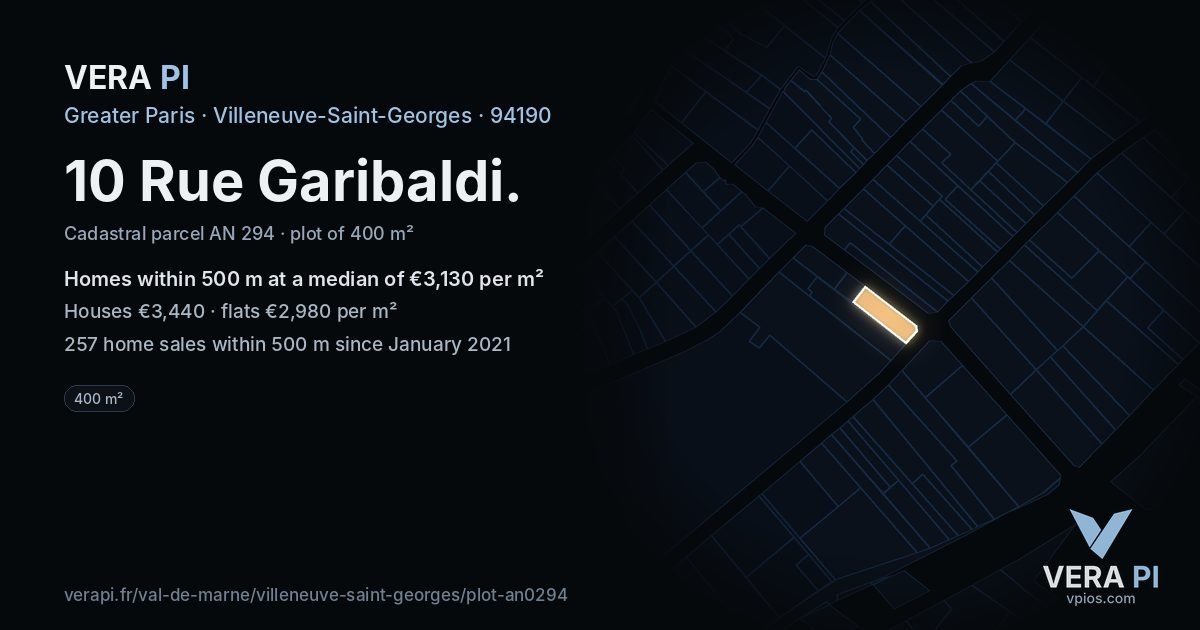 10 Rue Garibaldi, Villeneuve-Saint-Georges at night – the plot lit, the parcels around coloured by the prices near them