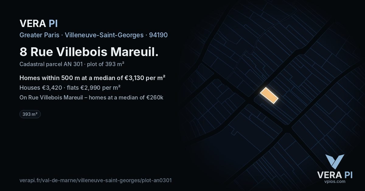 8 Rue Villebois Mareuil, Villeneuve-Saint-Georges at night – the plot lit, the parcels around coloured by the prices near them