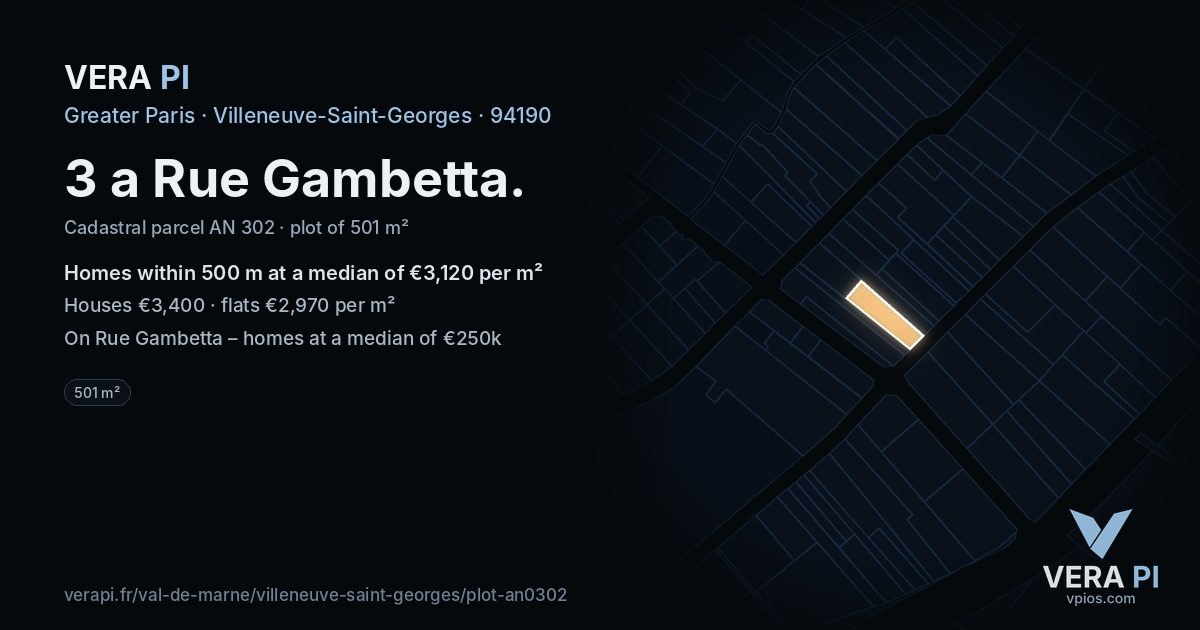 3 a Rue Gambetta, Villeneuve-Saint-Georges at night – the plot lit, the parcels around coloured by the prices near them