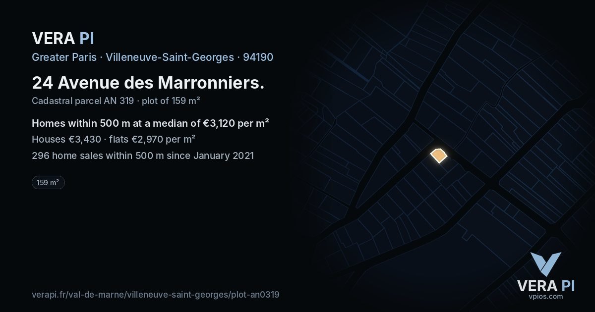 24 Avenue des Marronniers, Villeneuve-Saint-Georges at night – the plot lit, the parcels around coloured by the prices near them