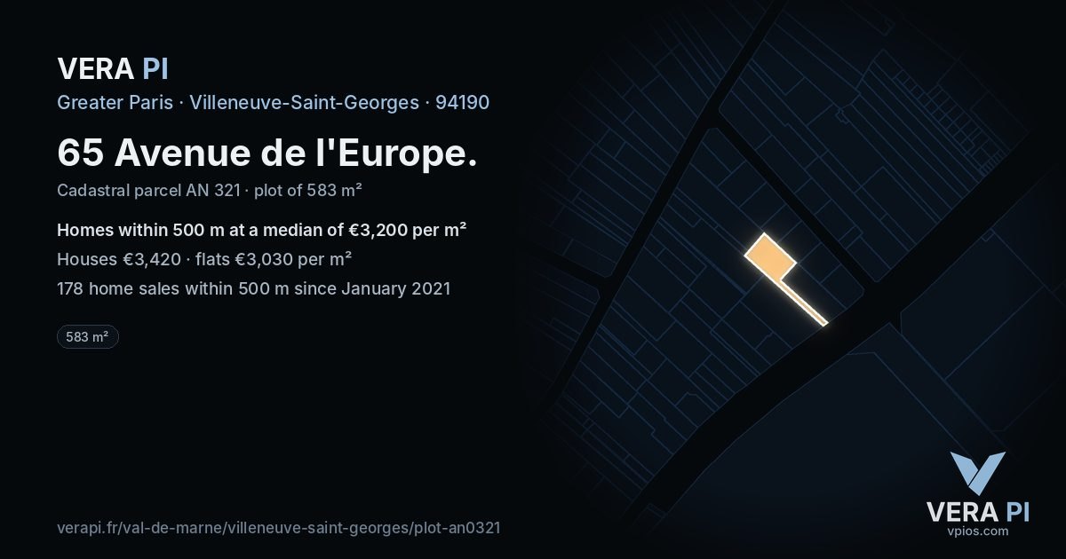 65 Avenue de l'Europe, Villeneuve-Saint-Georges at night – the plot lit, the parcels around coloured by the prices near them